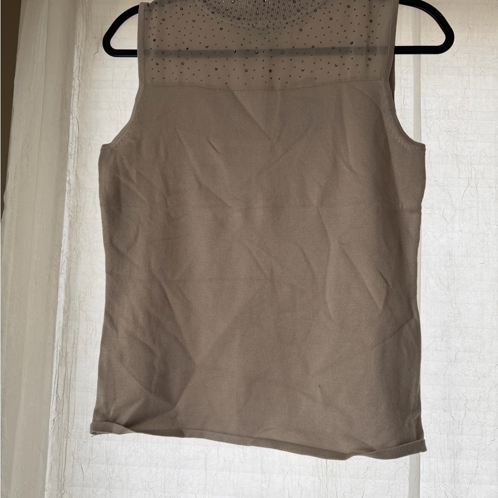 Embellished Mesh-Yoke Sleeveless Camisole in Taupe